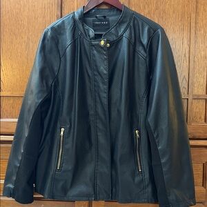 Therapy Faux Leather Moto Biker Jacket Gold Zippers Ribbed Sleeves Fully Lined
